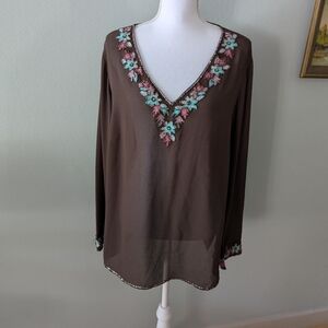 Y2K Lane Bryant Women’s 18/20 Beaded Embroidered Boho Tunic Top Sheer Brown